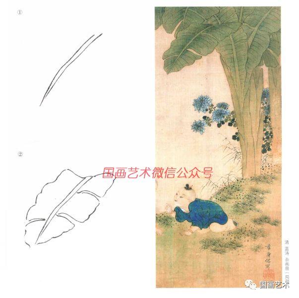 步骤一:以浓墨勾出芭蕉叶的主筋.工笔勾染法步骤