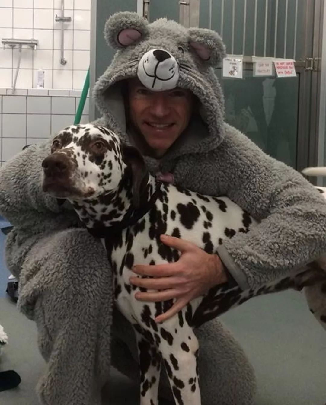 斑点狗不喜欢陌生人碰它，兽医穿上了它最喜欢的睡衣