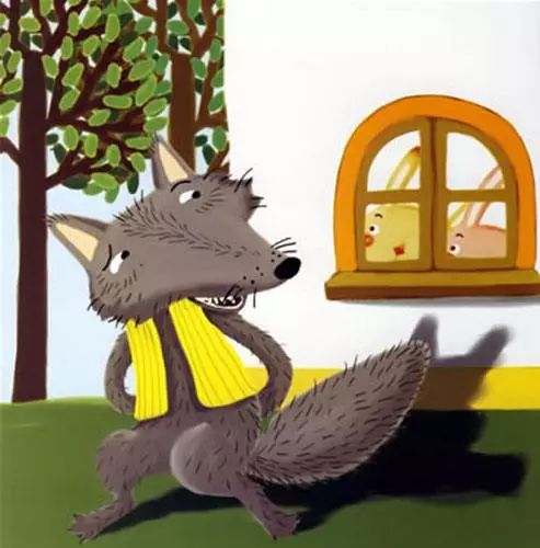 小兔趴在窗台上望见大灰狼躲在灶洞里,他不进家门,一直等到听见大灰狼