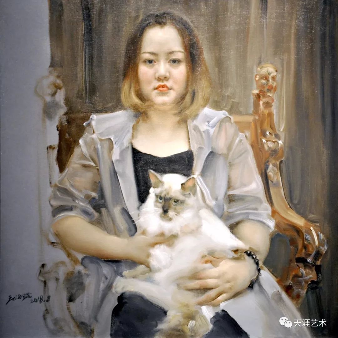 庞茂琨 抱猫的萌妹 布面油画 80x80 2018年