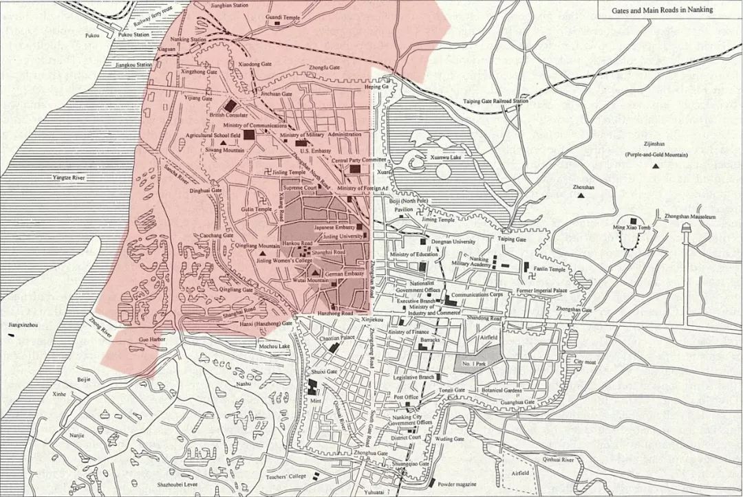 △ 民国时期南京城市主要公建分布,红色为现鼓楼区范围