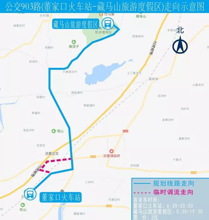 由董家口火车站发车,经产业一路,204国道,铺董路,开城路到达藏马山