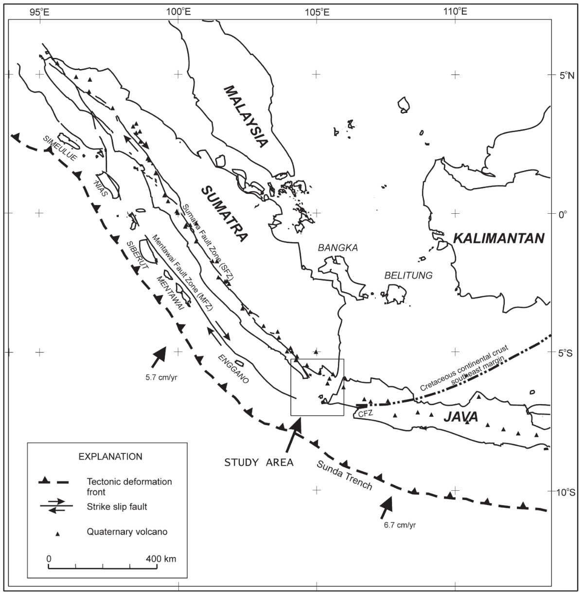 图2 印度尼西亚西部第四纪火山与地质构造简图(susilohadi et al.