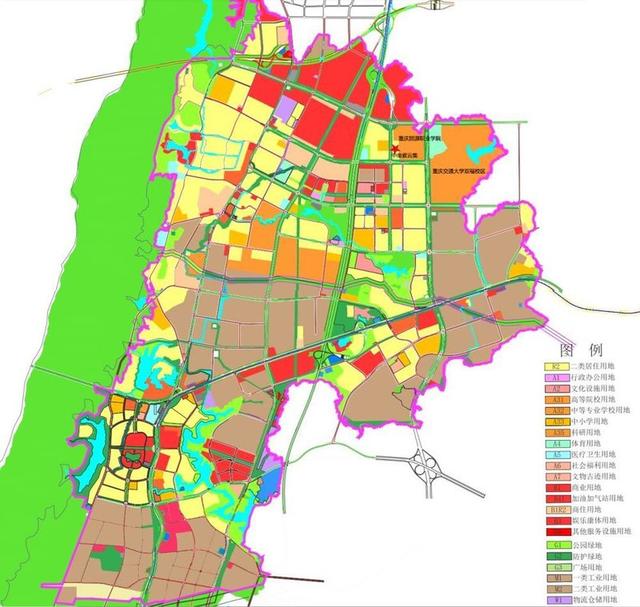 双福新区的工业园区主要位于南侧和东侧远郊;居住用地规划主要集中在