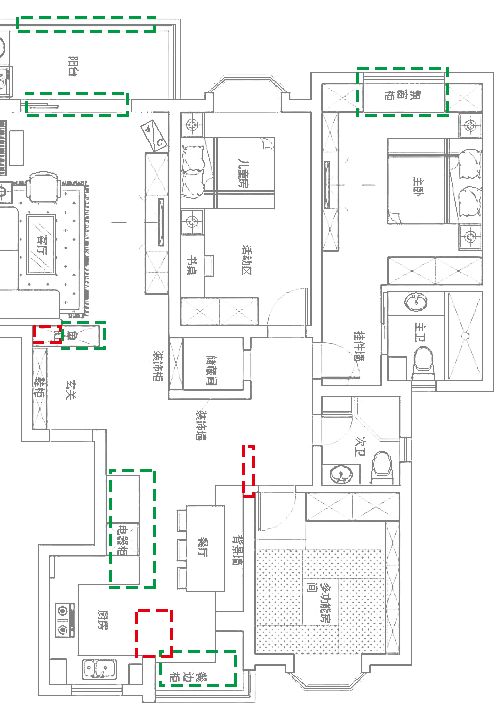 改造前平面户型图(图示绿色部分为去除,红色部分为新建)