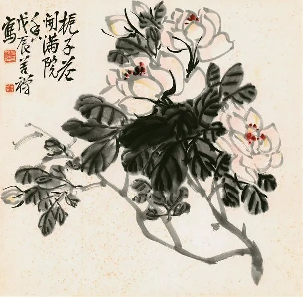 ③.栀子花 款识: 栀子花开满院香.戊辰苦禅写. 钤印:苦禅, 英(朱文)