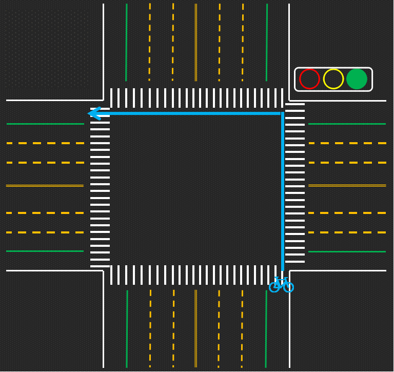非机动车在左转弯灯亮起之后,靠路口中心点的右侧,沿切线方向左转.