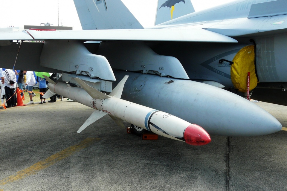 f/a-18大黄蜂战斗机机翼下挂载的是agm-88哈姆反辐傻技弹.