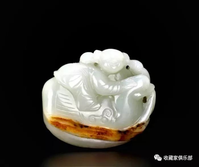 清中期 白玉留皮俏色童子戏鹅w:5.9cmh:5.