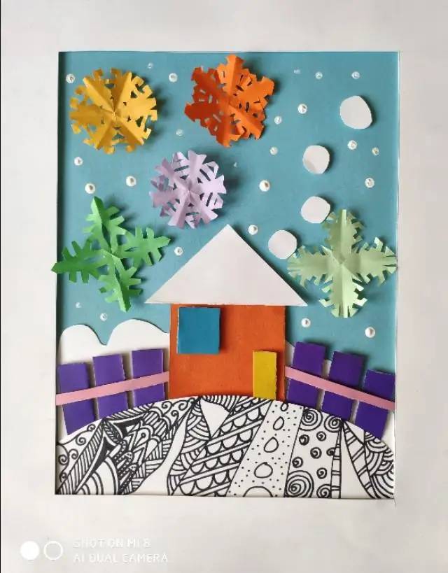 今天下雪,教大家画雪景主题创意儿童画作品!步骤齐全哦