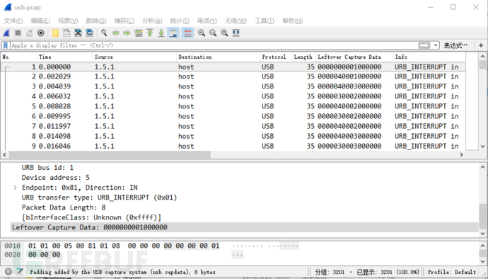 wireshark usb leftover capture data