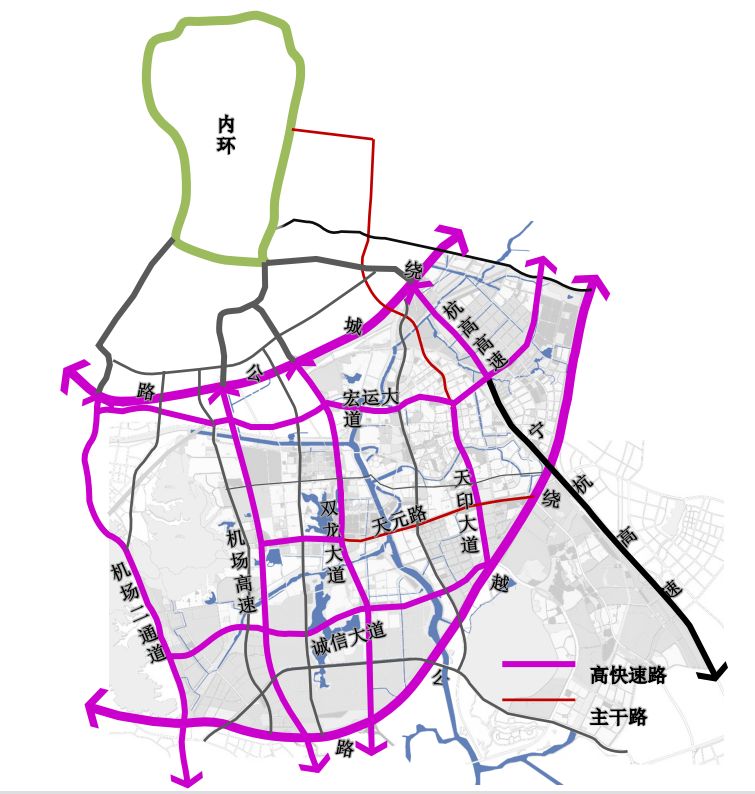 诚信大道和天元路(双龙大道)以西 "五纵": 宁杭高速,机场二通道,机场