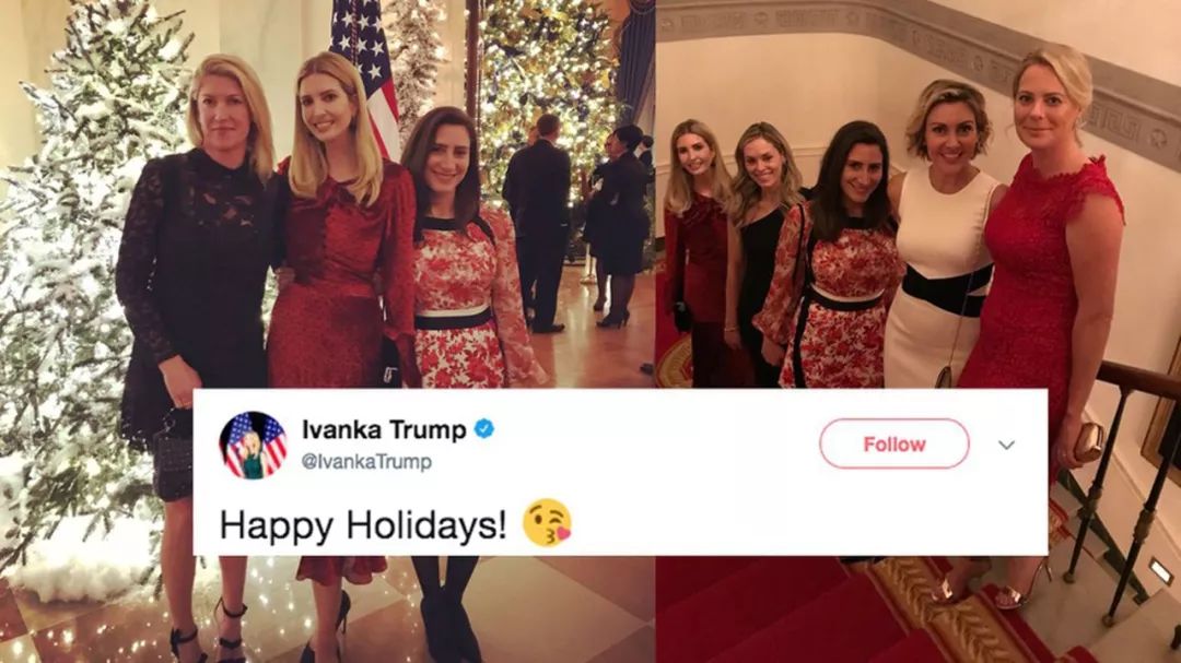 伊萬卡穿紅色魚尾裙，參加聖誕晚宴，與女友合照用超模站姿成焦點
