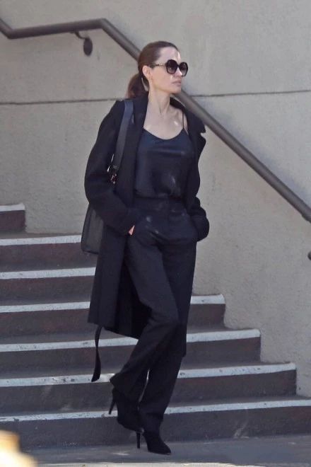安吉麗娜·裘莉街拍：灰色大衣搭配闊腿褲，背著皮包就是成熟御姐 時尚 第5張