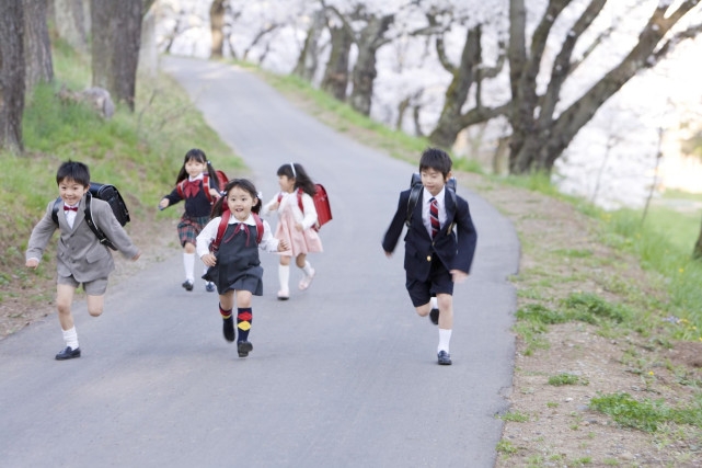 放学后,一群小学生飞奔在樱花道路上,他们都是自己上下学,成群结伴.