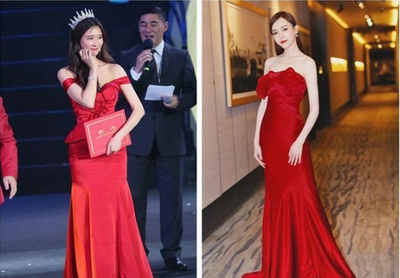 173cm林志玲与172cm唐嫣，同穿大红色长裙，美得难分上下？