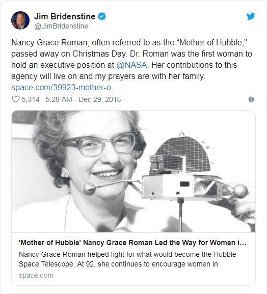 哈勃望远镜之母南希·格雷丝·罗曼辞世 享年93岁