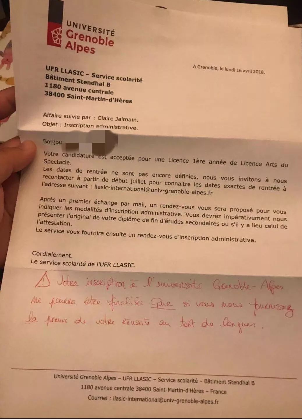 法国公立大学dossier vert 绿表L1申请录取案例