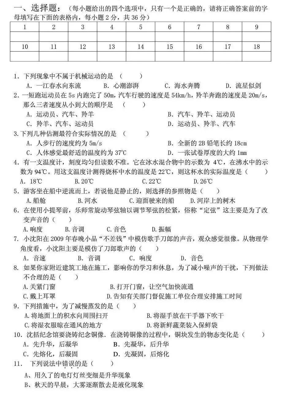 期末试卷 八年级物理上册期末测试卷及答案!