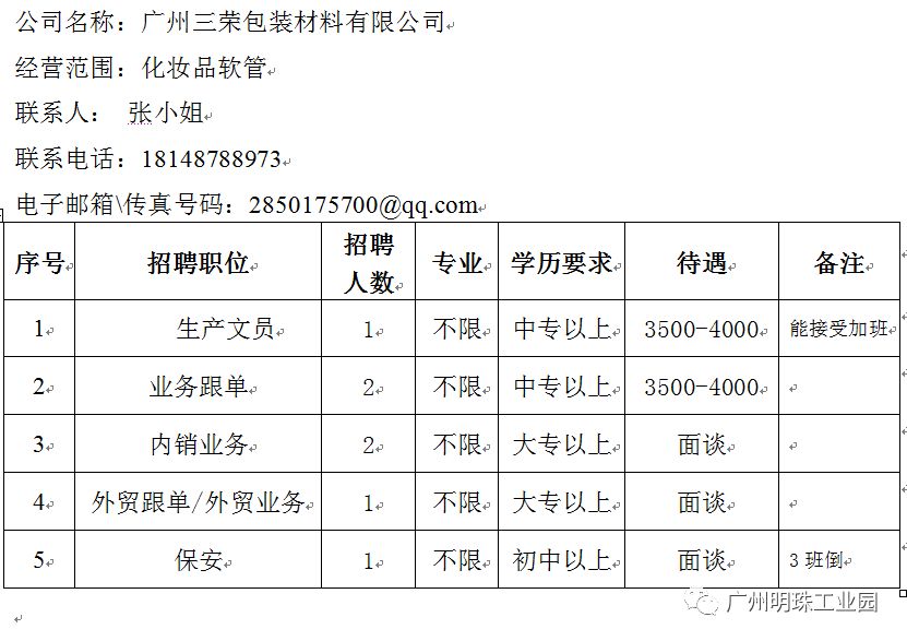 【1月4日】明珠工业园企业招聘汇总