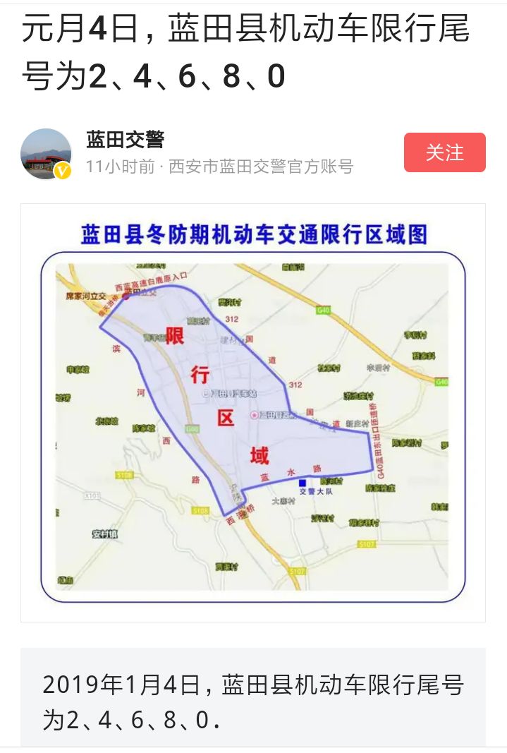1月4日蓝田限号:2.4.6.8.0,交警已上路纠违处罚!