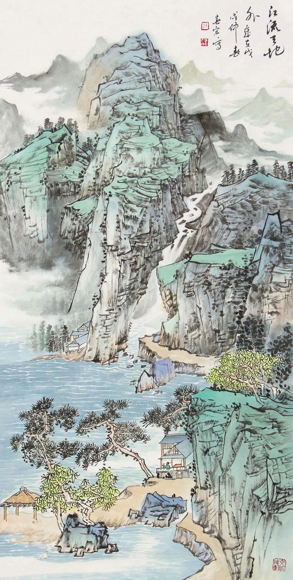 家山四季江山新雨梁春宏青绿山水画作品赏析博宝典藏