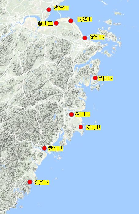 明代浙江沿海诸卫(自绘,底图摘自谷歌地图)