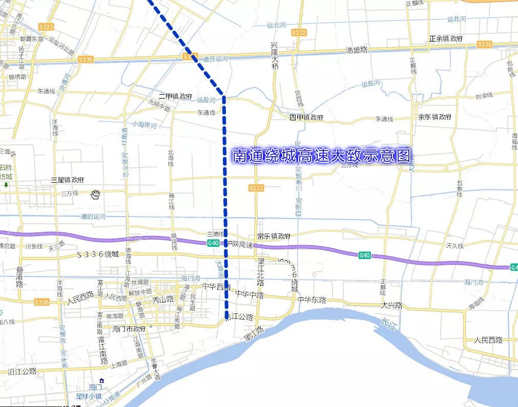 南通绕城高速公路从海门四甲与通州二甲交界进入,向南经过王川线,g40