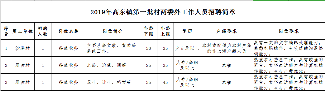 2019年上海浦东新区高东镇第一批村两委外工作人员公开招聘