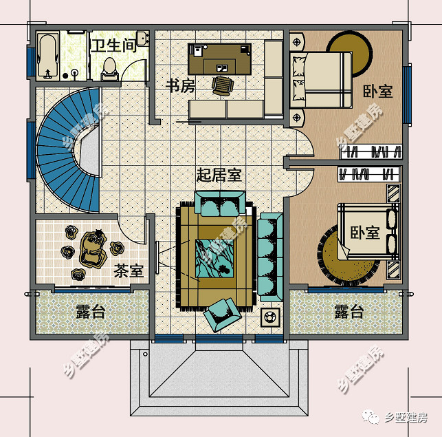 二层平面图,设计多卧室,起居室,书房,卫生间,主要用于居住,还有书房和