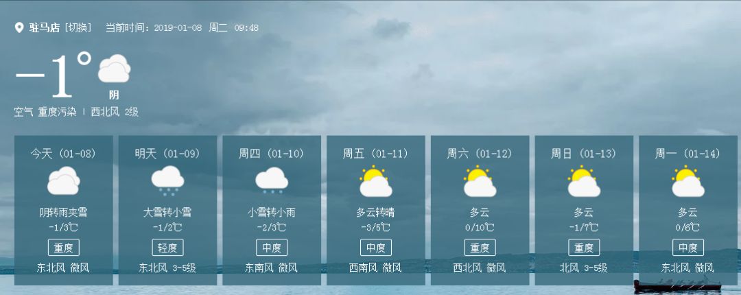 明天,全省阴天,黄淮之间和信阳地区北部有小到中雪,其中南阳, 驻马店