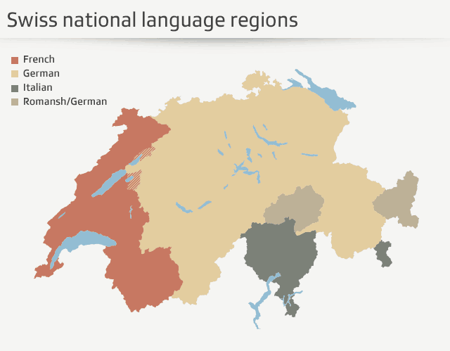 瑞士四种语言分布图,橙色为法语,土黄为德语,绿色为意大利语,灰色是图片