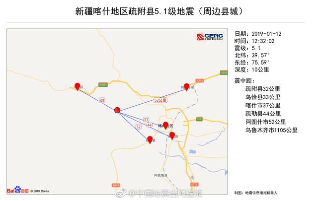 新疆喀什疏附县先后发生5.1级,3.1级地震 周边喀什市等地有明显震感