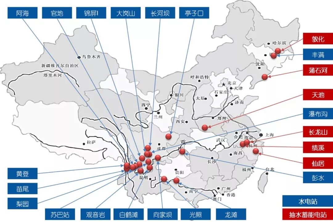 项目成果应用的国内23座超大型水电站分布示意图