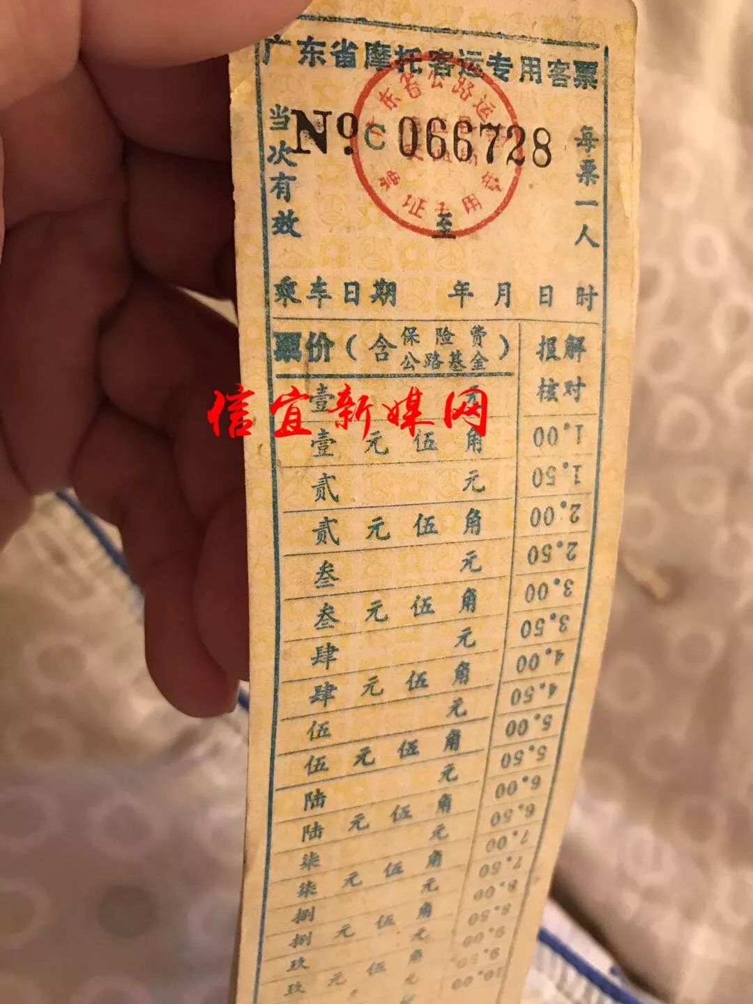 惊讶的"摩托客运专用客票",称是九十年代在信宜搭乘摩托的车票凭证