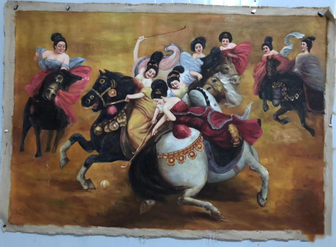 一幅油画:古代绝色美女骑马玩足球,画风让人陶醉