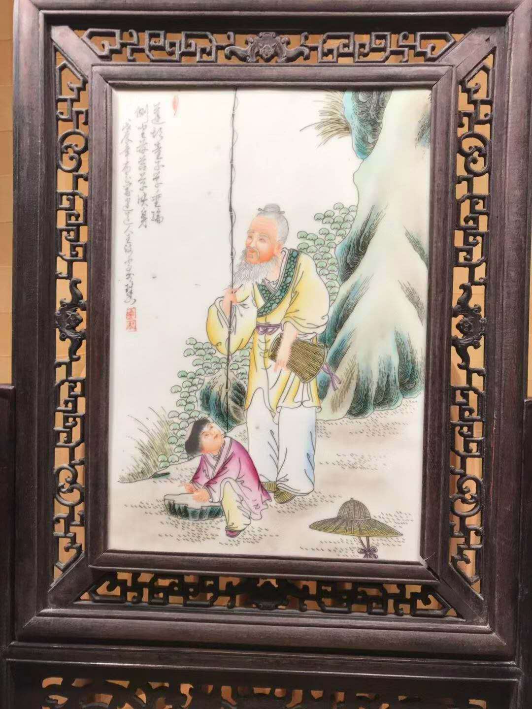 精品赏析王琦瓷板画渔翁垂钓