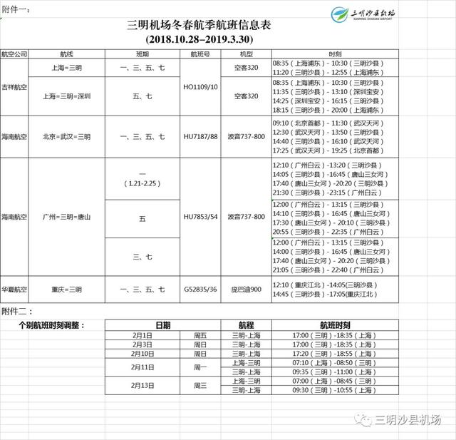 三明沙县机场春运期间部分航班时刻调整