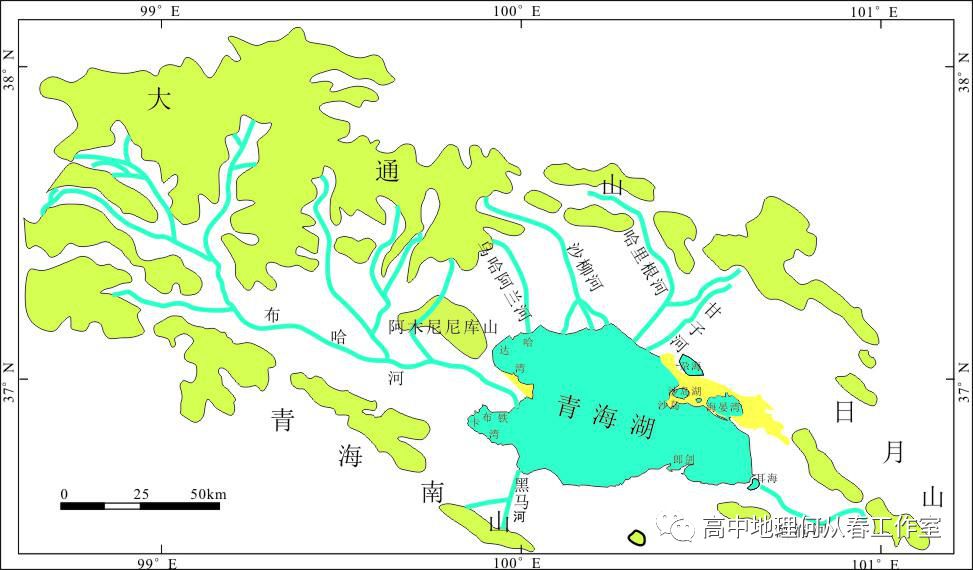 自然地理条件 地形  青海湖四周被群山围绕, 北面是大通山,南面是