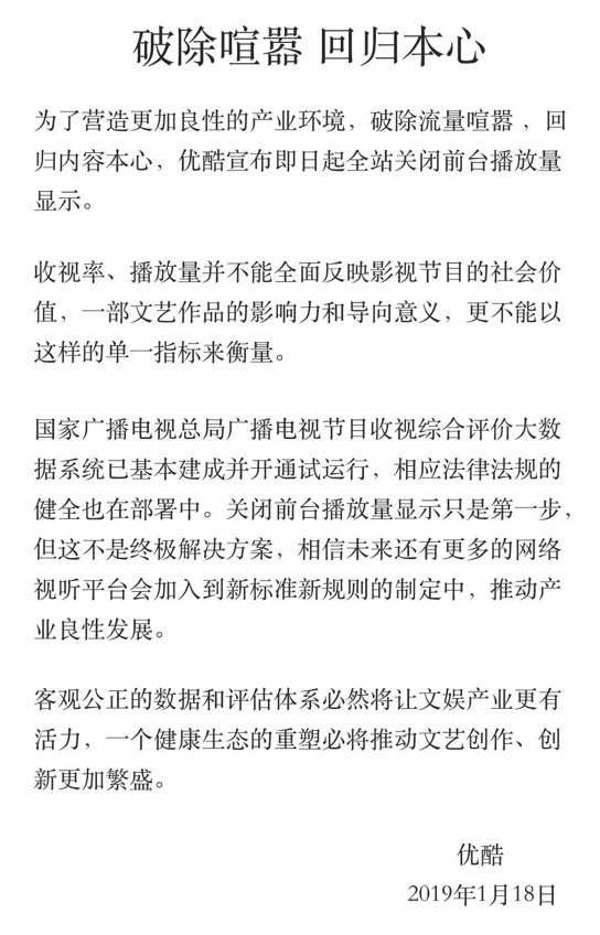 
                    优酷关闭前台播放量显示 改以热度指标代替
