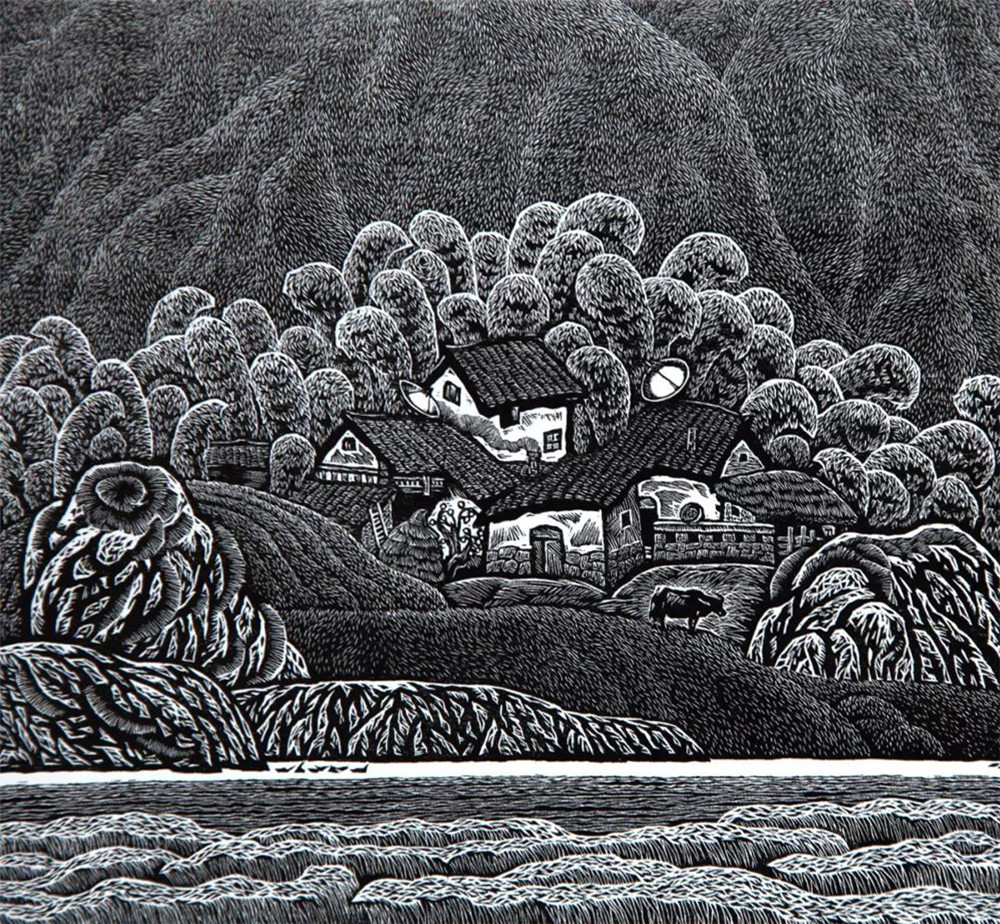 《家在巴山蜀水中》(黑白木刻)60×56cm 2003年