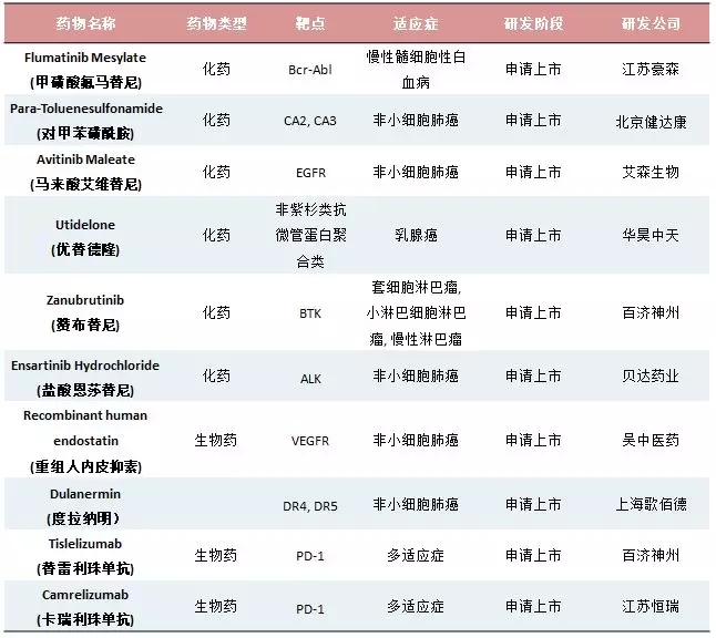 以抗肿瘤药物为例,目前共有10个抗肿瘤药物申请上市(不含疫苗,适应症