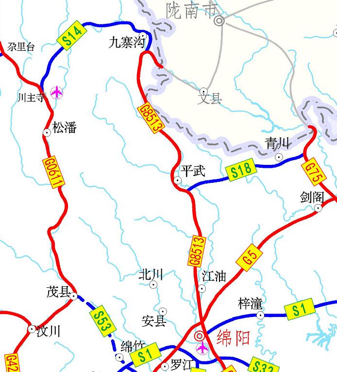 绵阳平武县,北川县,江油市,游仙区,终点接g93成渝环线高速,是成