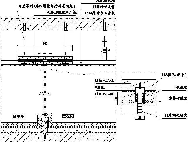 71,淋浴房玻璃隔断吊顶施工示意图