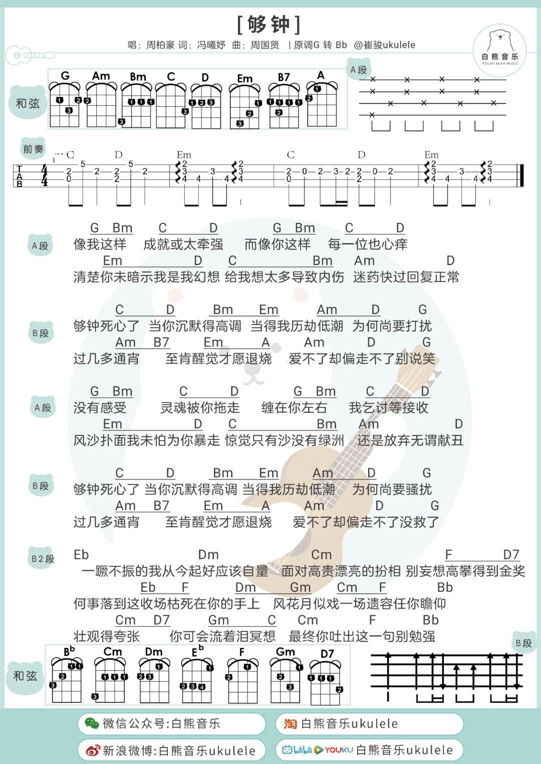 一首很动听的粤语金曲〈够钟〉周柏豪/尤克里里&吉他弹唱谱