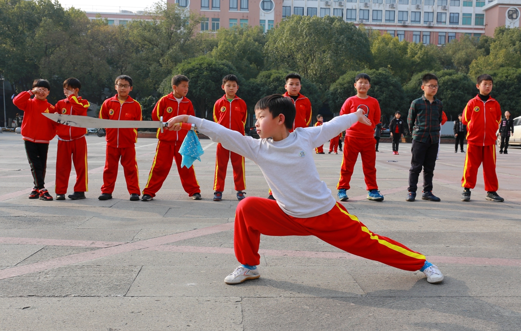 台州武林小子在教练的指导下练习武术基本功.
