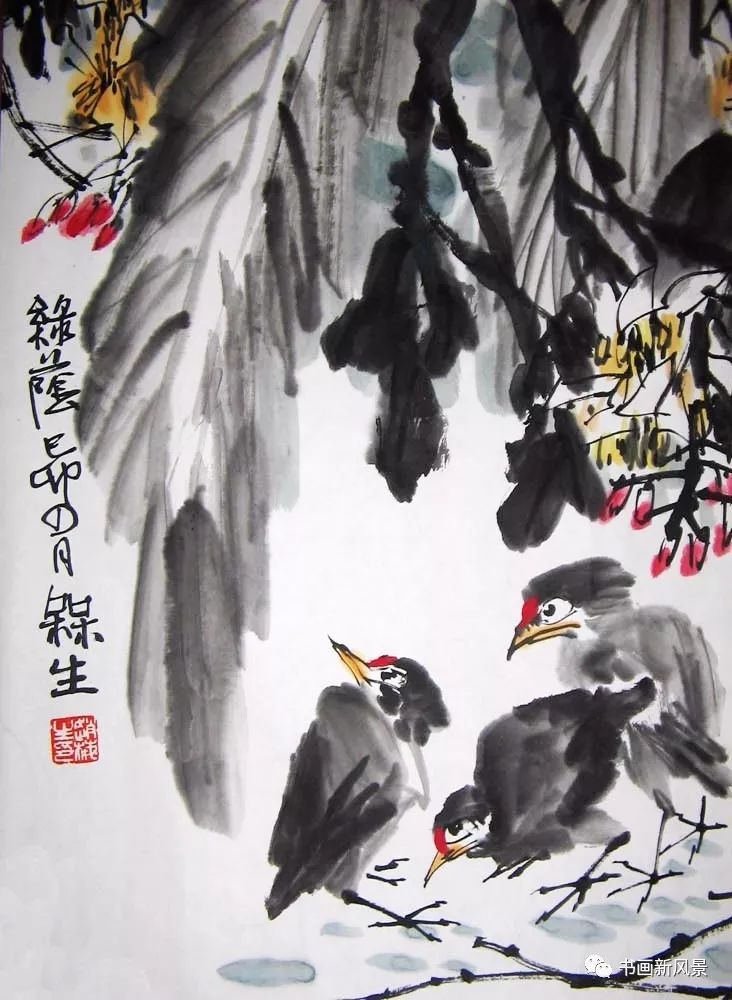 这是今年94岁的老画家赵梅生笔下的一组花鸟,作品用笔粗放简括,朴实率