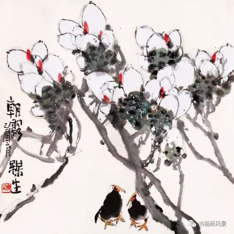 这是今年94岁的老画家赵梅生笔下的一组花鸟,作品用笔粗放简括,朴实