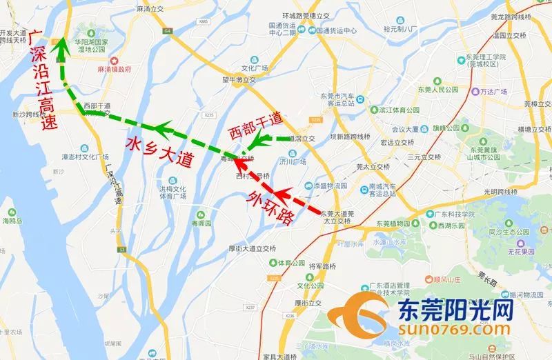 经望洪路,东莞水乡大道再进入广深沿江高速(s3)前往广州; 由深圳,东莞