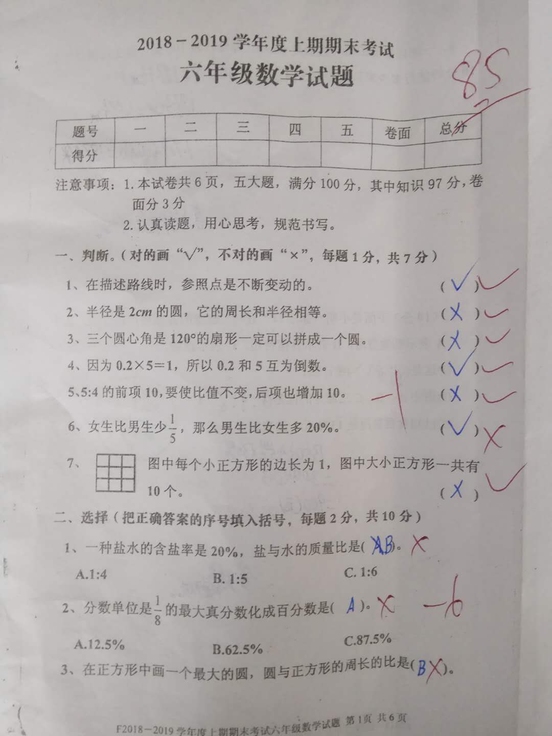 这是一份85分的试卷,是班里的最好成绩,小学一二年级考九十多分的学生